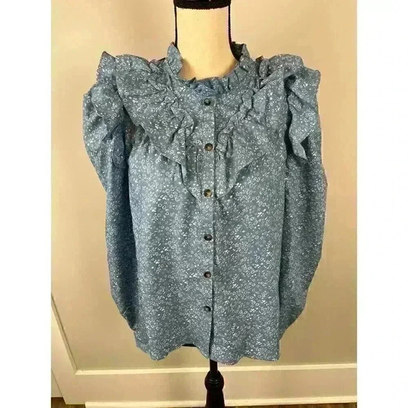 Karlie London Luna High Neck Ruffle Poplin Blouse Button Up Women's S Prairie - Picture 1 of 11